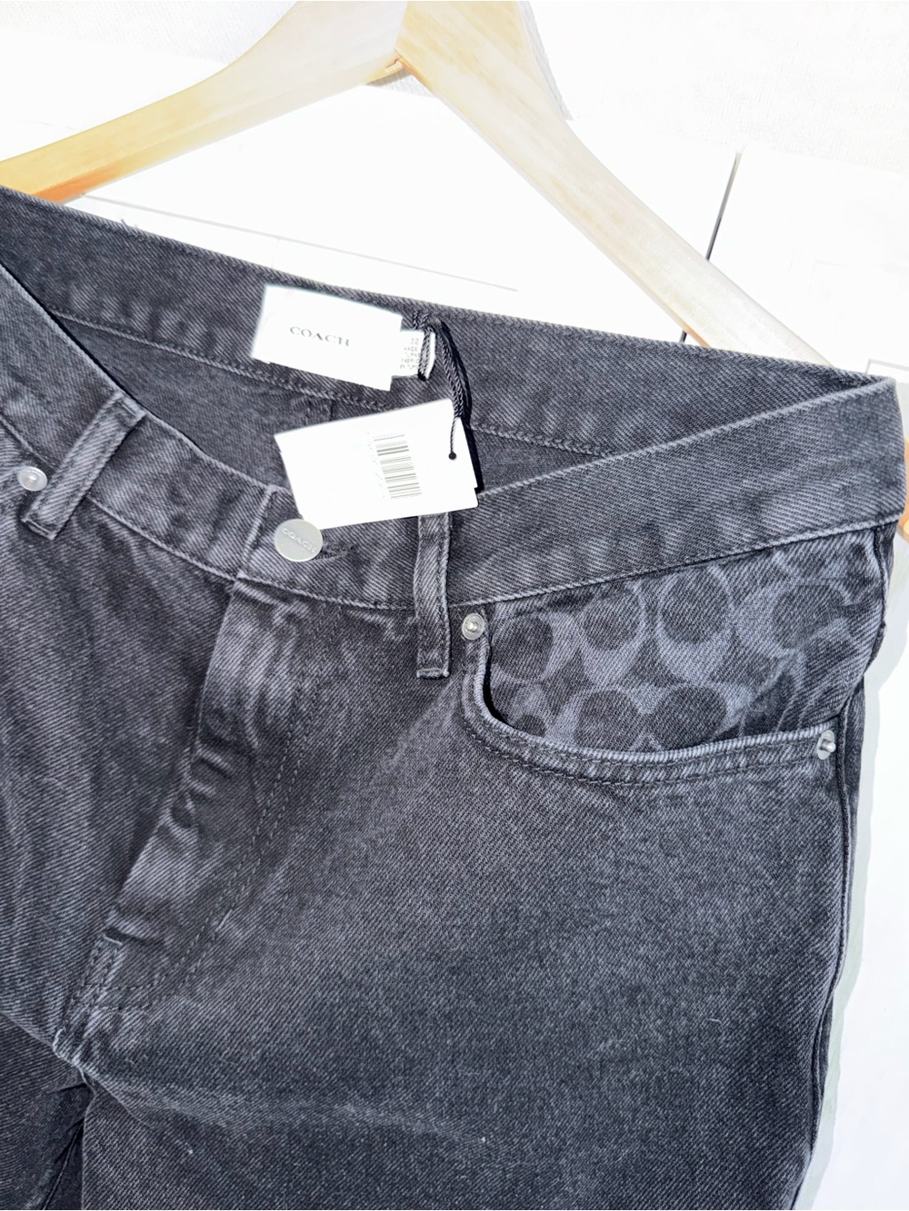 Coach Straight Fit Black Washed Jeans with Signature Logo Pocket
